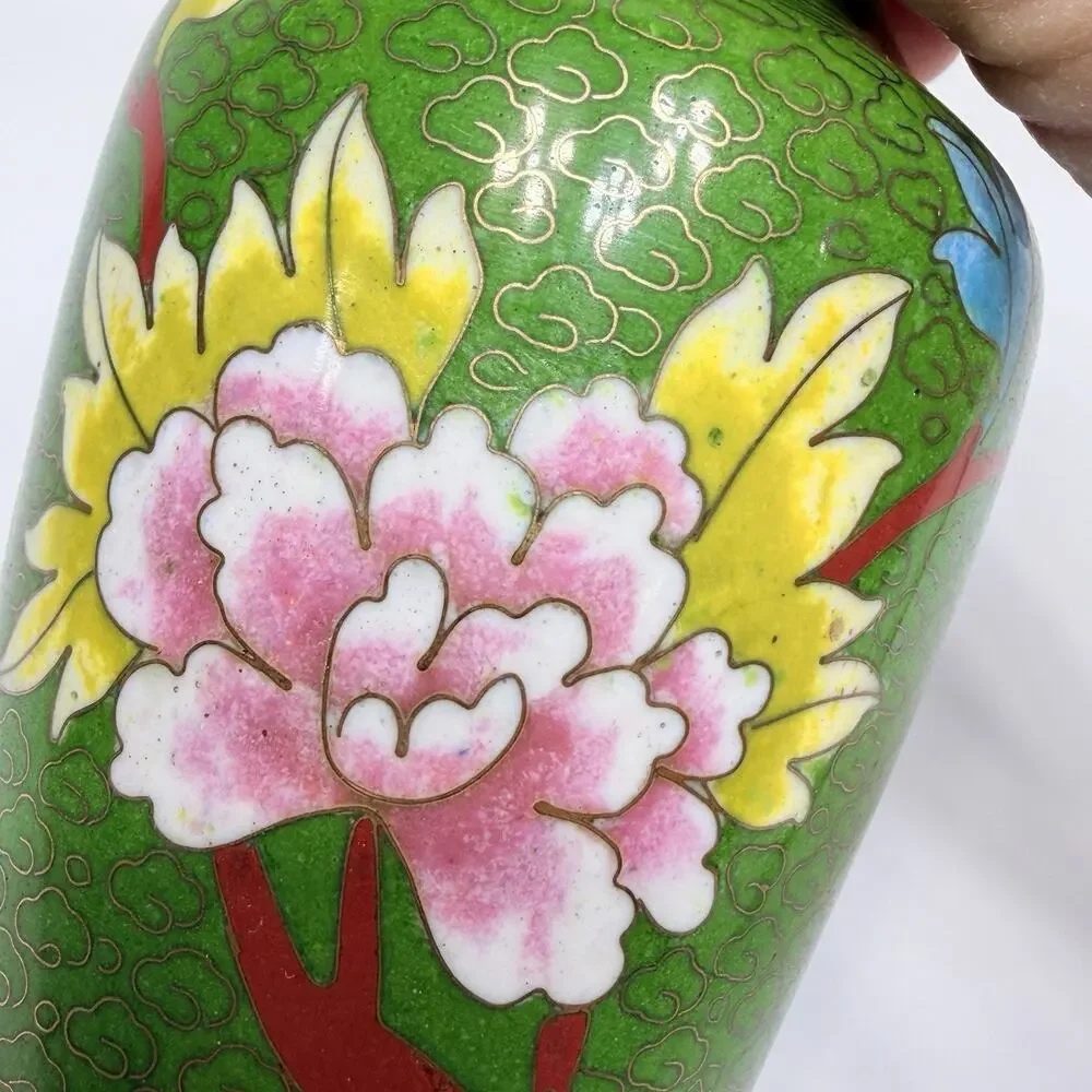Green Cloisonne Butterfly & Flower Vase Miniature 5.5